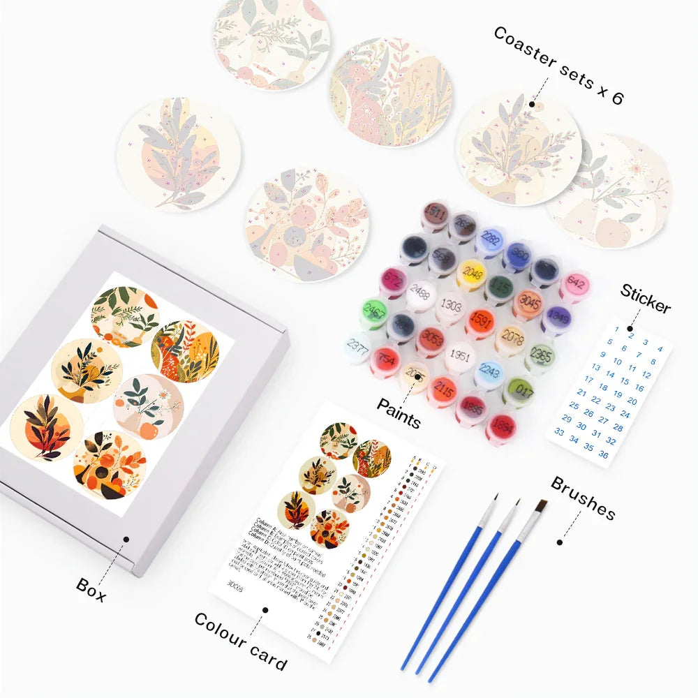 Paint by Numbers Coasters 6 Pieces - Autumn Botanical Free Shipping - Paintarthub