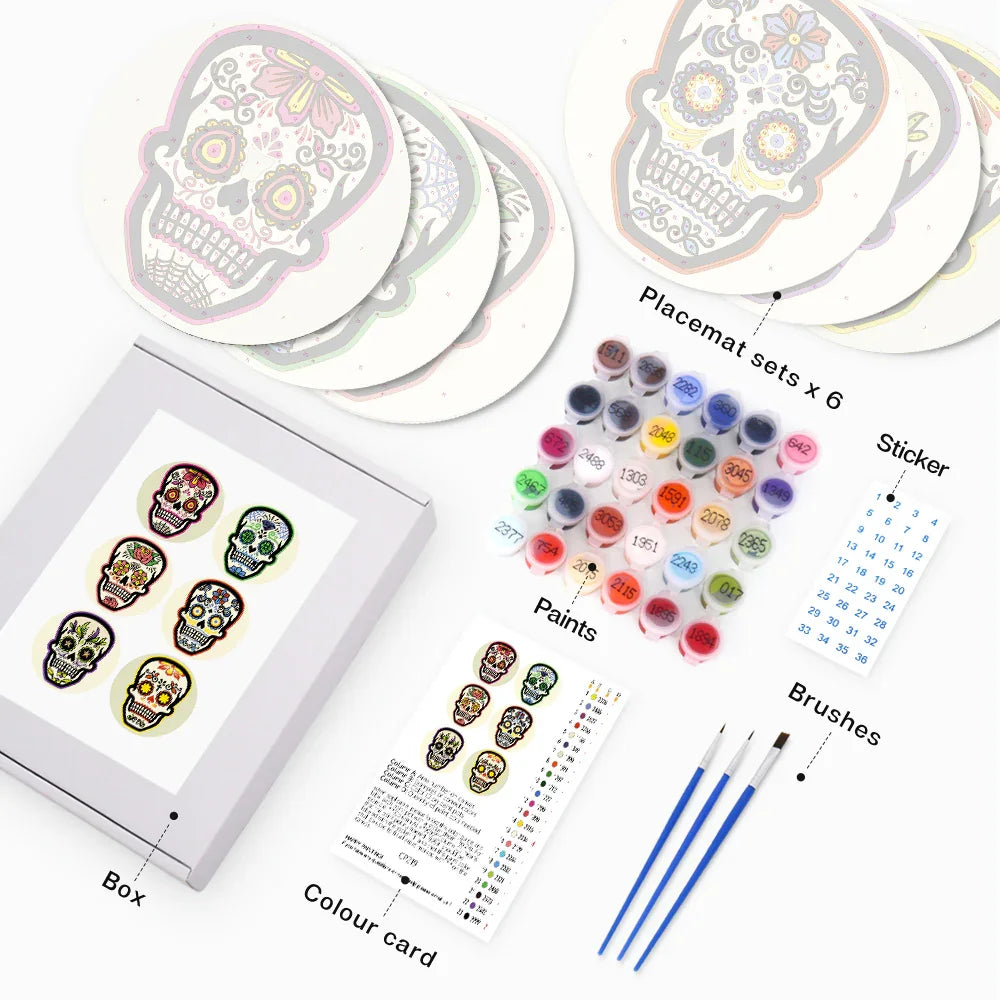 Paint by Numbers Placemats 6 Pieces - Skull Pattern Painted Free Shipping - Paintarthub