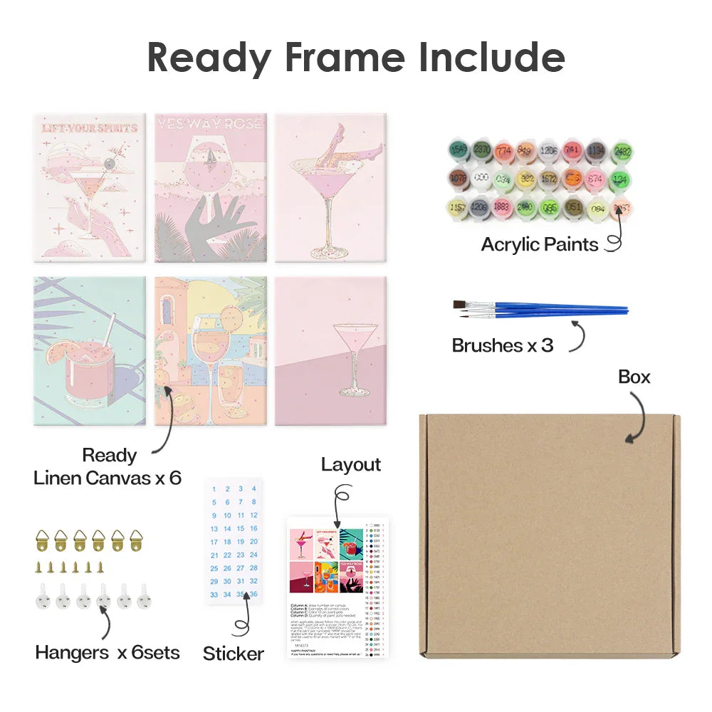 Mini Paint by Numbers 6 Pieces - Cocktail Party Free Shipping - Paintarthub