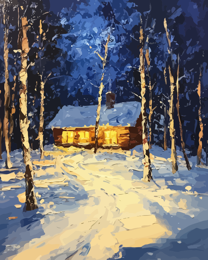 Snowy Cabin in Forest Paint by Numbers for Adults by Paintarthub