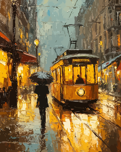San Francisco Cable Car Rainy Night Paint by Numbers for Adults by Paintarthub