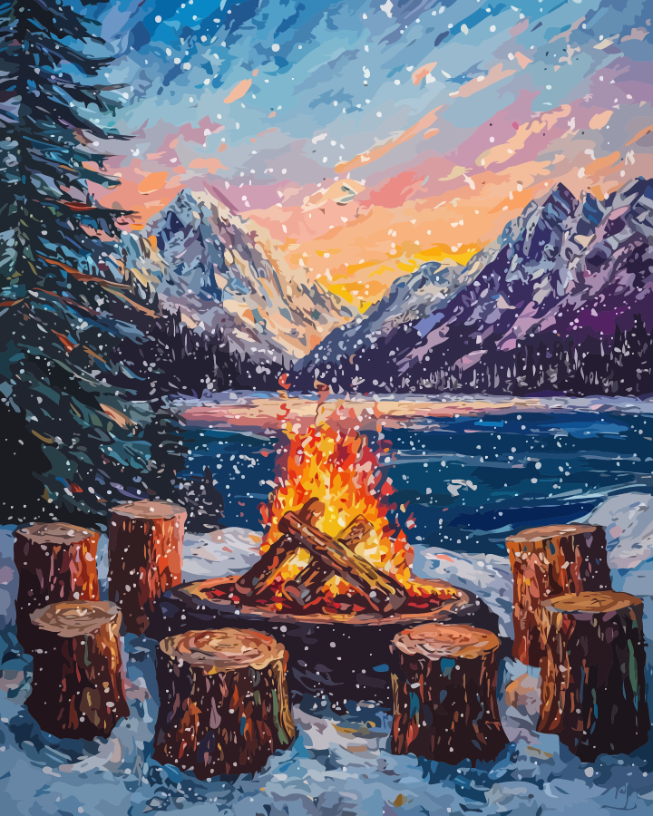 Winter Lake Bonfire Paint by Numbers for Adults by Paintarthub