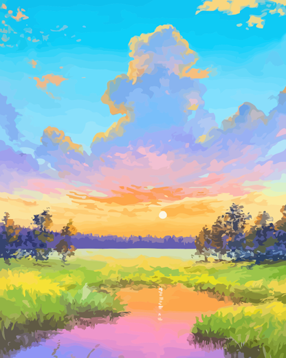 Sunset River Countryside Paint by Numbers for Adults by Paintarthub