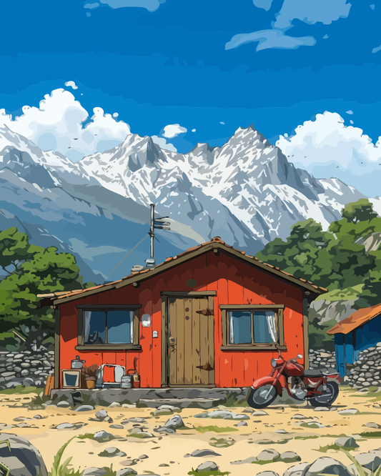 Mountain Countryside Red Cabin Paint by Numbers for Adults by Paintarthub