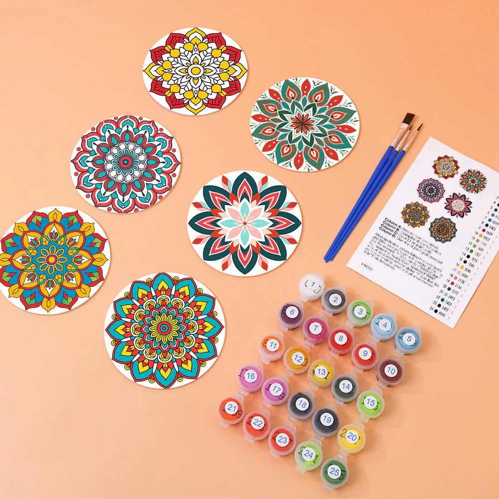 Paint by Numbers Coasters 6 Pieces - Mandala Pattern Free Shipping - Paintarthub