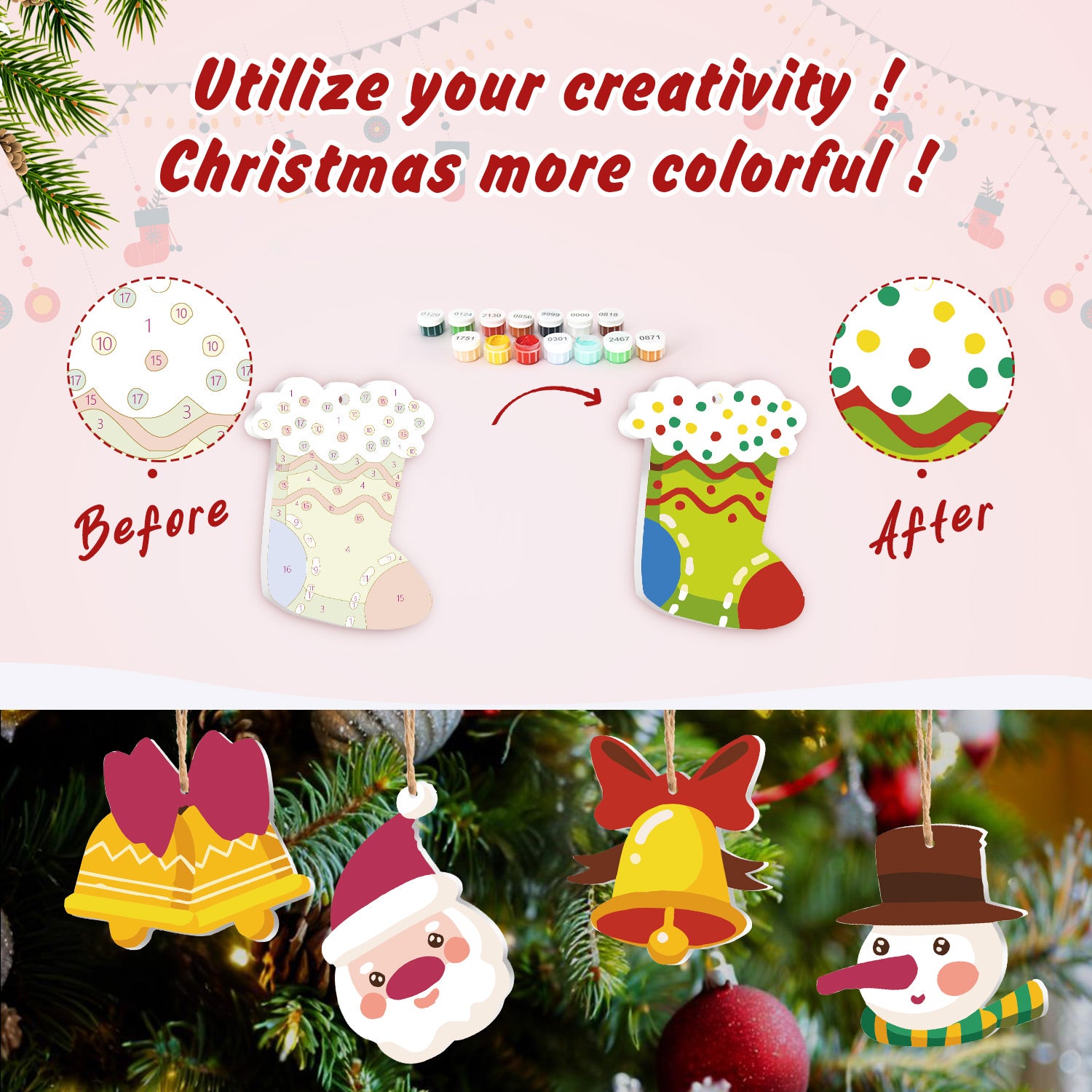 Jingle Bell Christmas Ornament Paint by Numbers Kit (8pcs) Free Shipping - Paintarthub