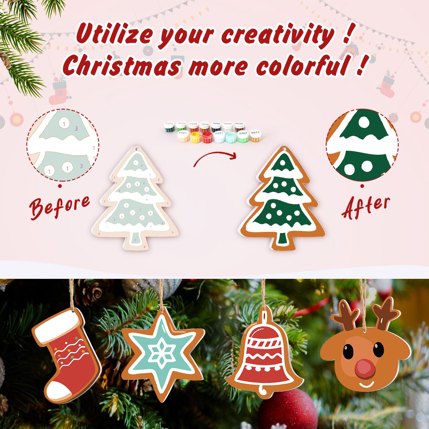 Pastel Holiday Charm – Christmas Ornament Paint by Numbers Kit (8pcs) Free Shipping - Paintarthub