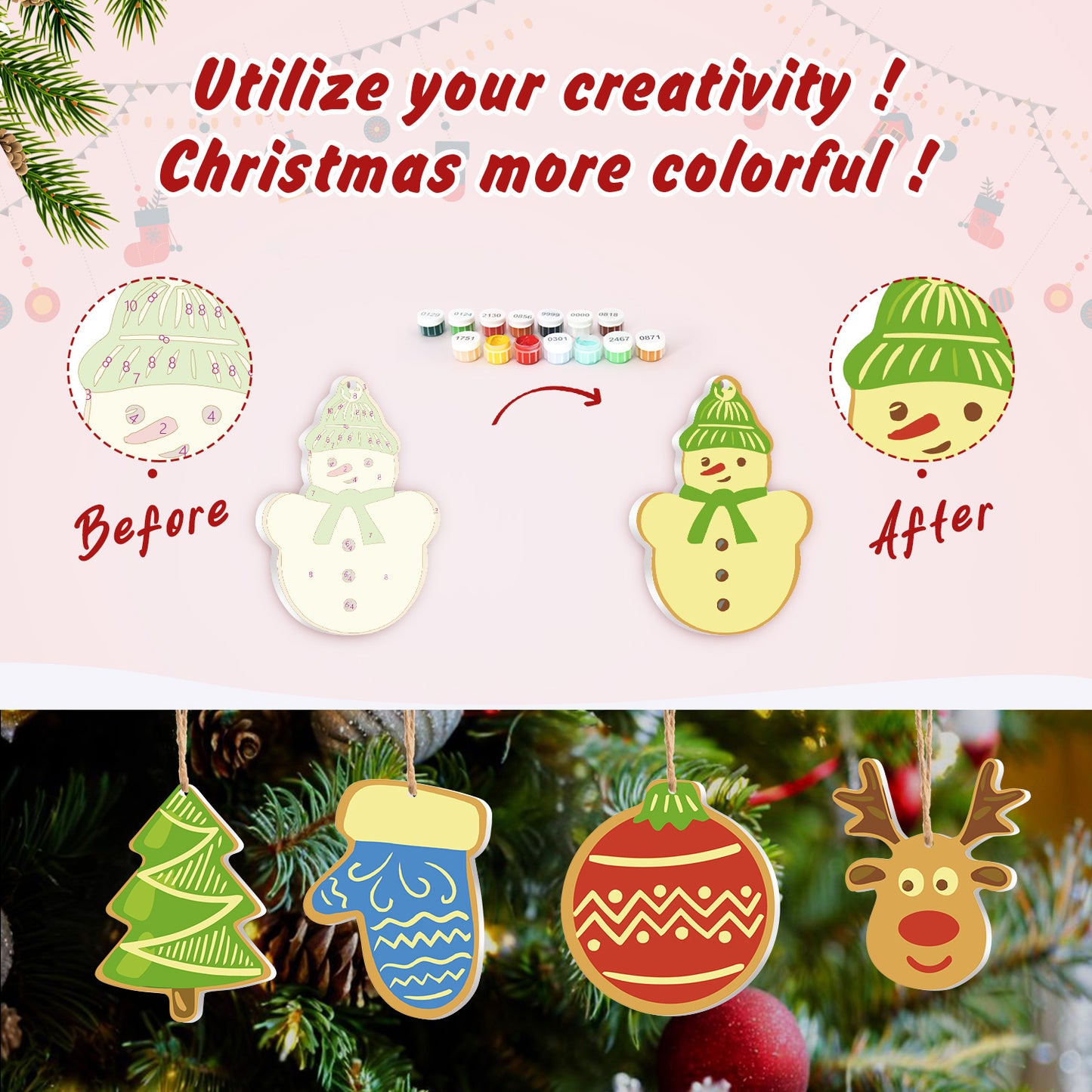 Bright Holiday Cheer – Christmas Ornament Paint by Numbers Kit (8pcs) Free Shipping - Paintarthub