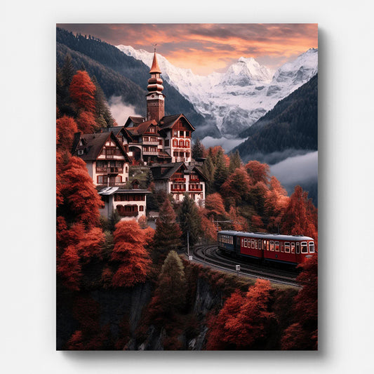 Autumn Mountain Town Paint by Numbers for Adults by Paintarthub - Finished Wall Art