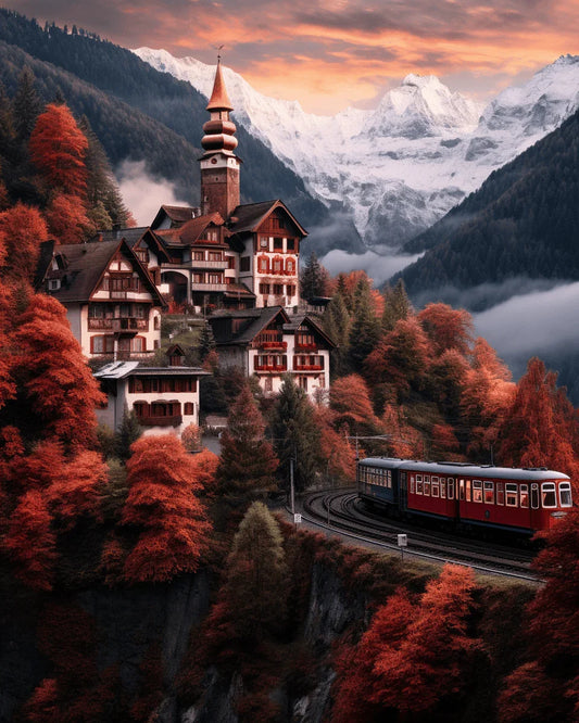 Autumn Mountain Town Paint by Numbers for Adults by Paintarthub