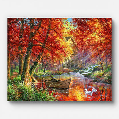 Autumn River and Boat Paint by Numbers for Adults by Paintarthub - Finished Wall Art