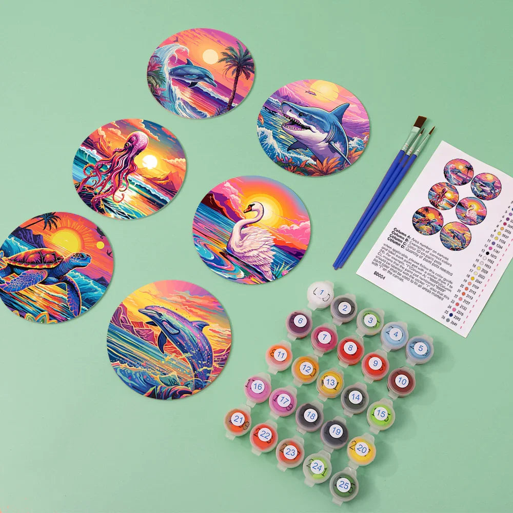 Paint by Numbers Coasters 6 Pieces - Ocean Life Free Shipping - Paintarthub