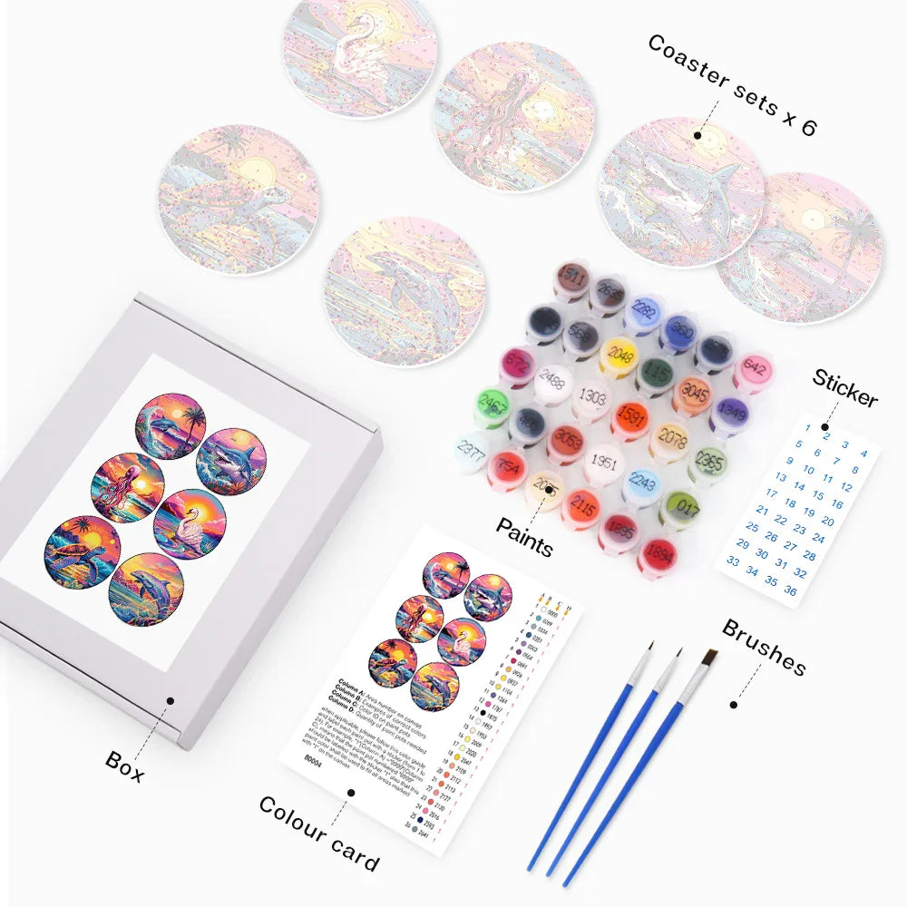 Paint by Numbers Coasters 6 Pieces - Ocean Life Free Shipping - Paintarthub
