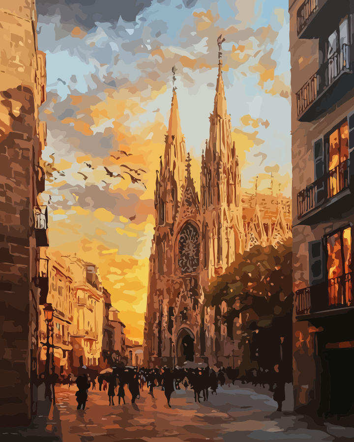 Barcelona Sagrada Família Sunset Street Paint by Numbers for Adults by Paintarthub