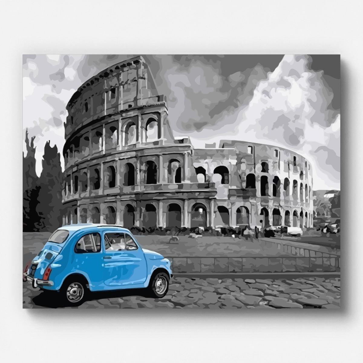 Blue Fiat and Coliseum Paint by Numbers for Adults by Paintarthub - Finished Wall Art