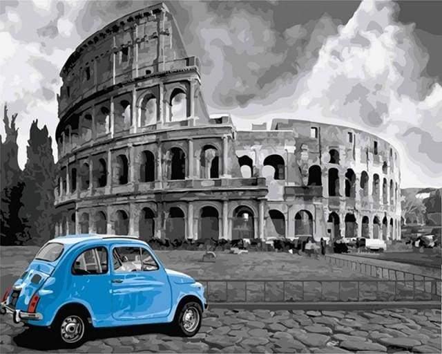 Blue Fiat and Coliseum Paint by Numbers for Adults by Paintarthub