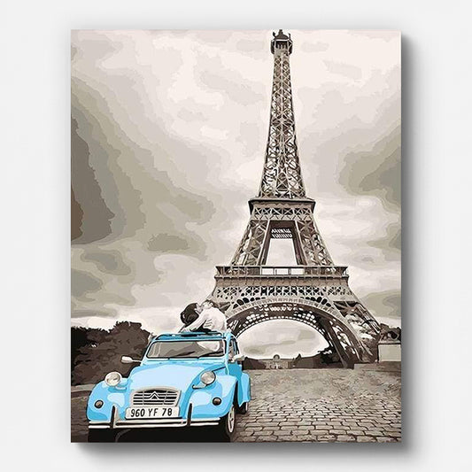 Blue Retro Car under Eiffel Tower Paint by Numbers for Adults by Paintarthub - Finished Wall Art