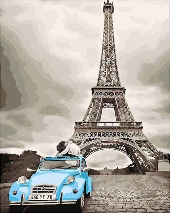 Blue Retro Car under Eiffel Tower Paint by Numbers for Adults by Paintarthub