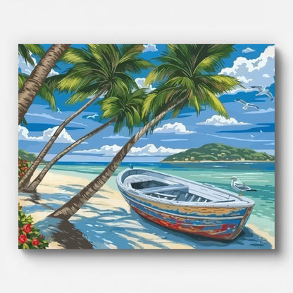 Boat Under Coconut Trees Paint by Numbers for Adults by Paintarthub - Finished Wall Art