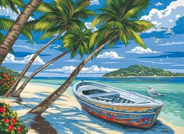 Boat Under Coconut Trees Paint by Numbers for Adults by Paintarthub