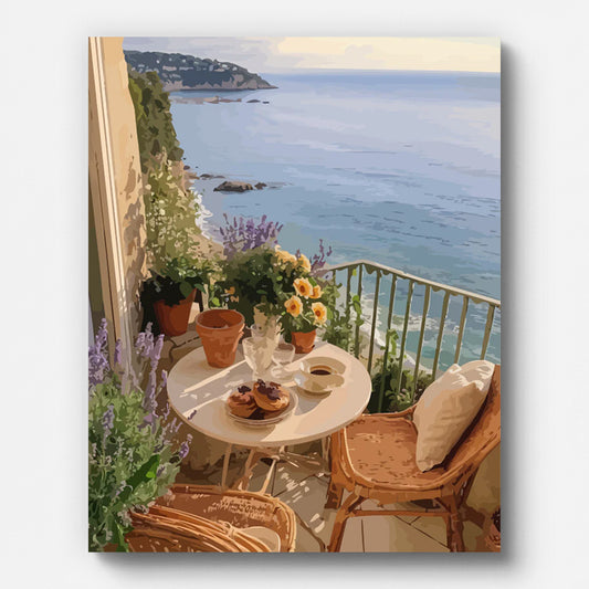Coastal Balcony Sea View Paint by Numbers for Adults by Paintarthub - Finished Wall Art