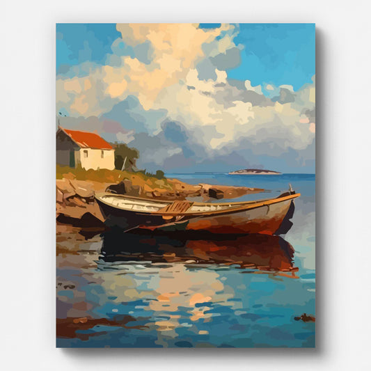 Coastal Cottage and Boat Paint by Numbers for Adults by Paintarthub - Finished Wall Art