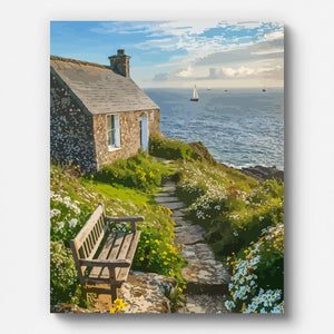 Coastal Countryside Stone Cottage Paint by Numbers for Adults by Paintarthub - Finished Wall Art