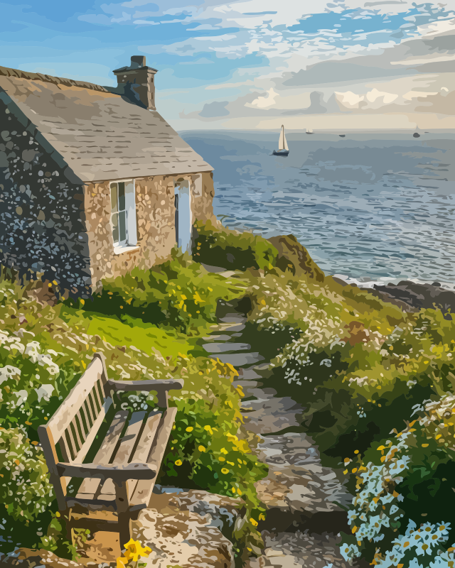 Coastal Countryside Stone Cottage Paint by Numbers for Adults by Paintarthub