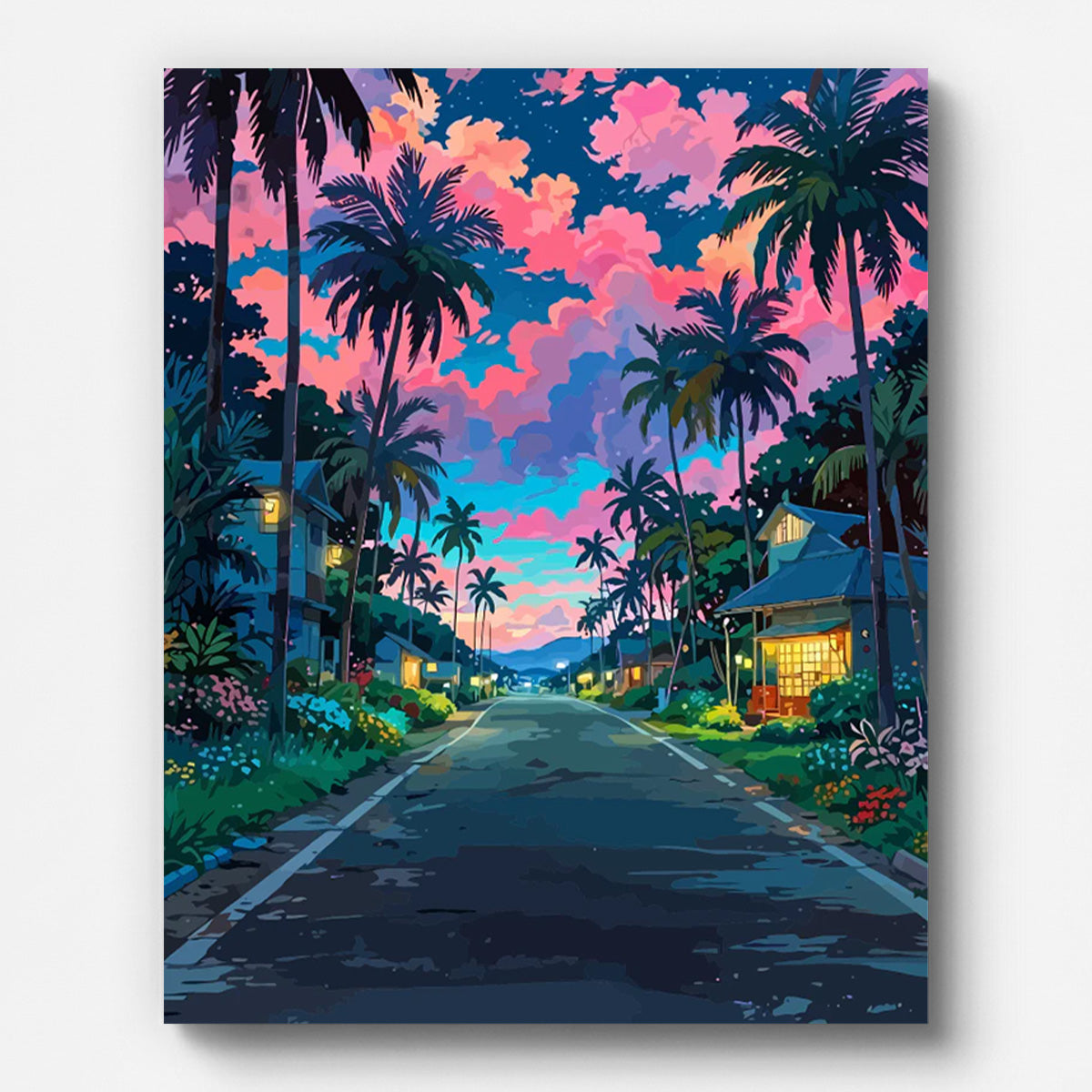 Coastal Fantasy Night Street Paint by Numbers for Adults by Paintarthub - Finished Wall Art