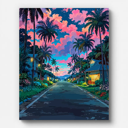 Coastal Fantasy Night Street Paint by Numbers for Adults by Paintarthub - Finished Wall Art