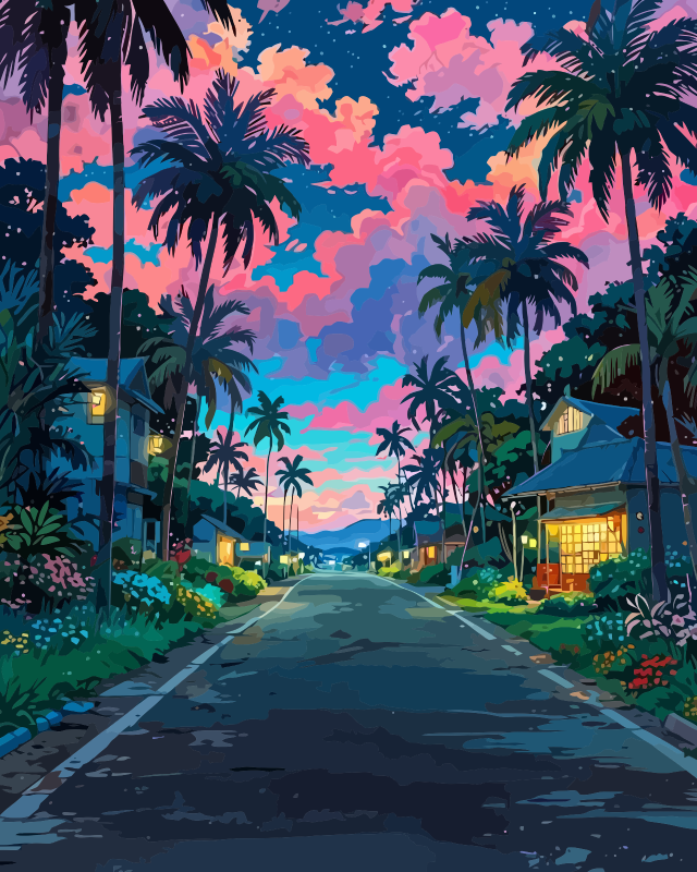 Coastal Fantasy Night Street Paint by Numbers for Adults by Paintarthub