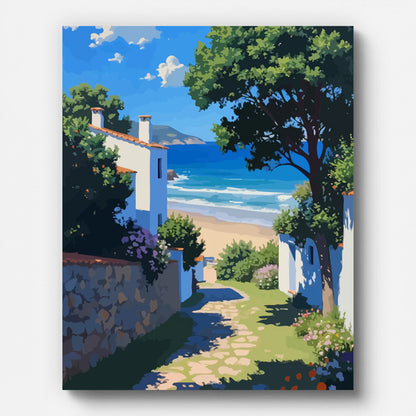 Coastal Mediterranean Path Paint by Numbers for Adults by Paintarthub - Finished Wall Art