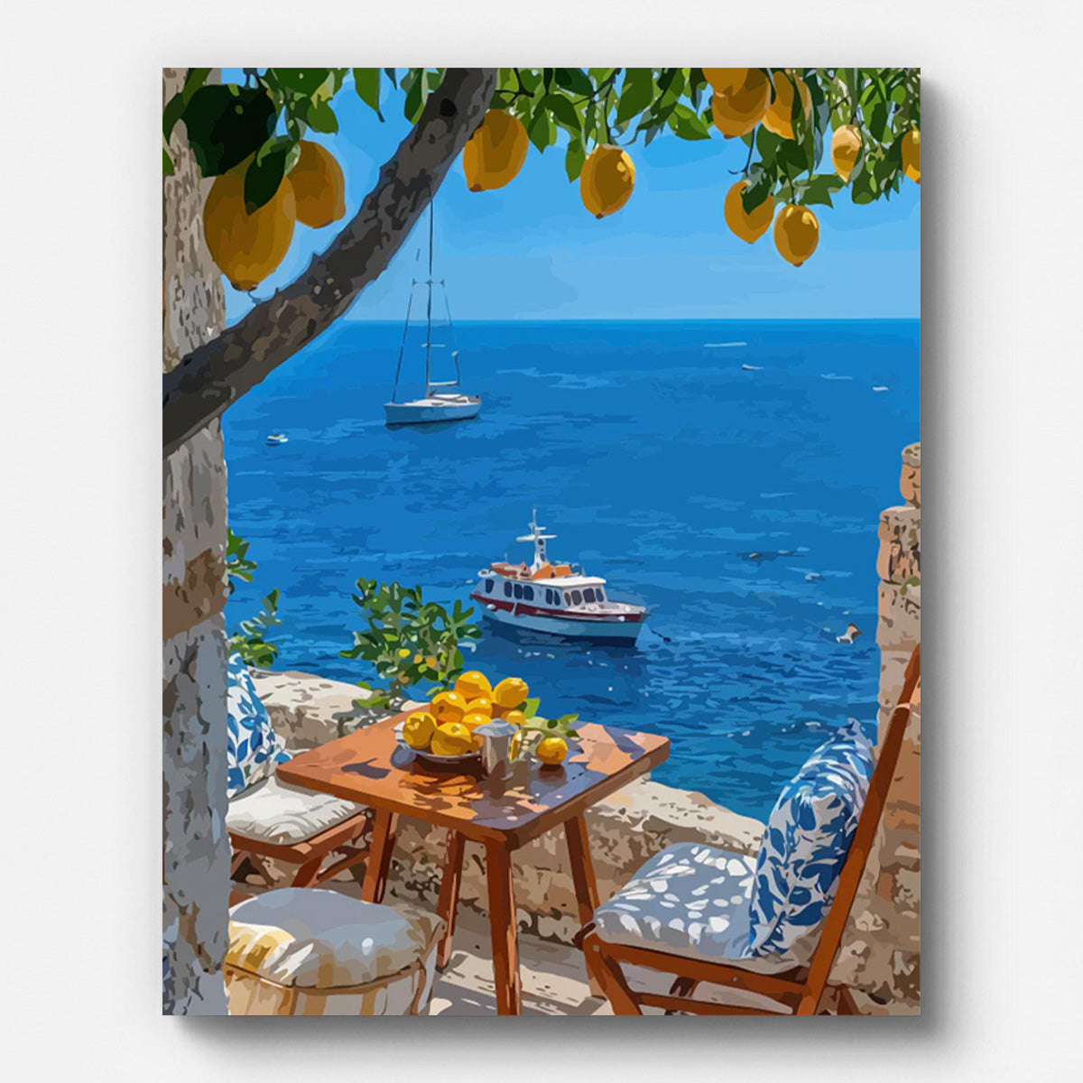 Coastal Mediterranean Terrace Paint by Numbers for Adults by Paintarthub - Finished Wall Art