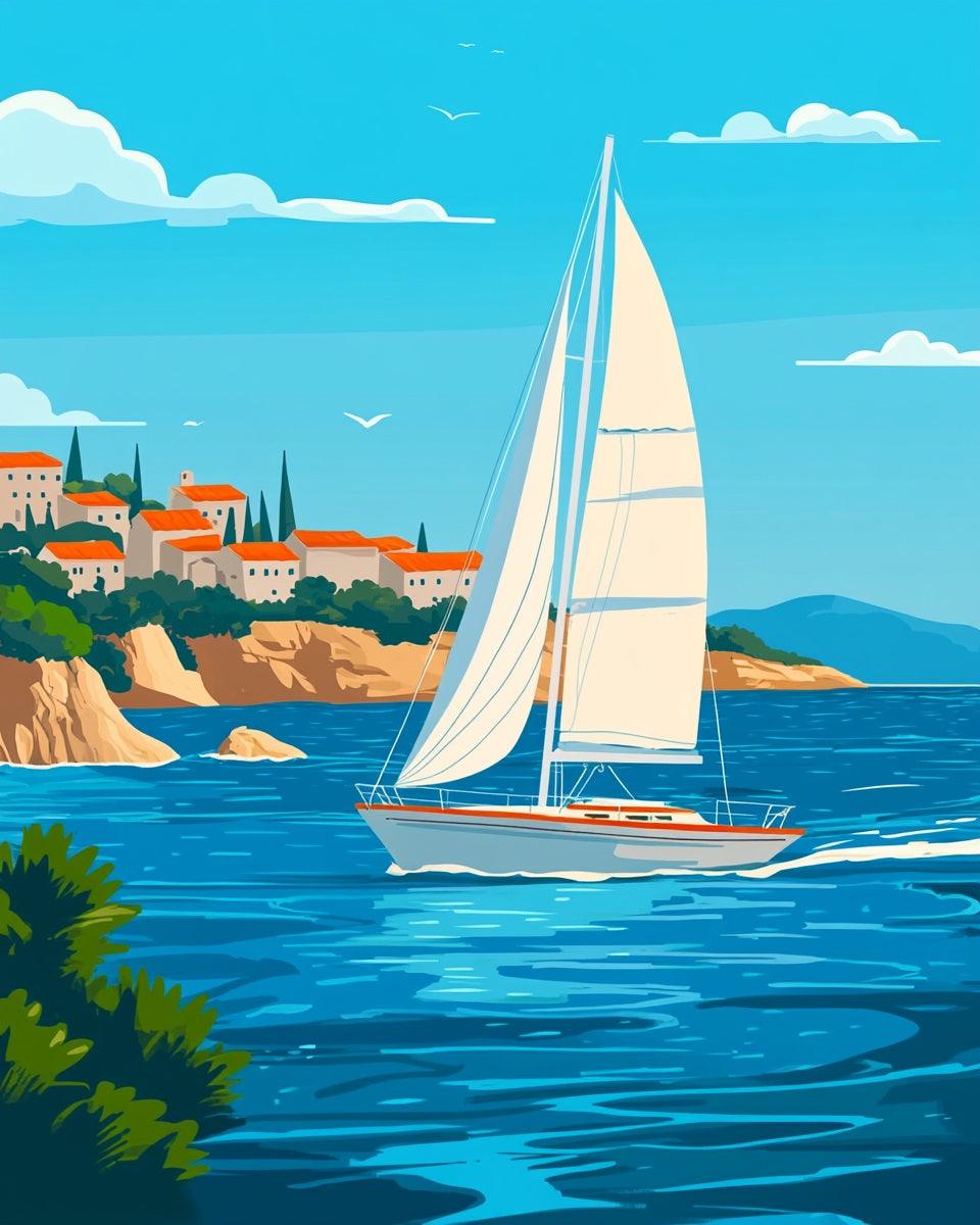 Coastal Town with Sailing Boat Paint by Number for Adults by Paintarthub