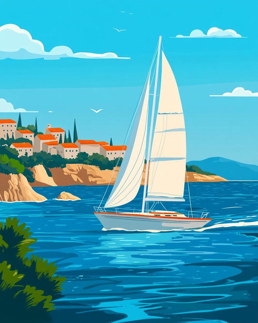 Coastal Town with Sailing Boat Paint by Number for Adults by Paintarthub