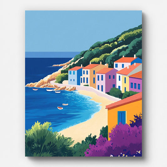 Colorful Coastal Village Paint by Numbers for Adults by Paintarthub - Finished Wall Art