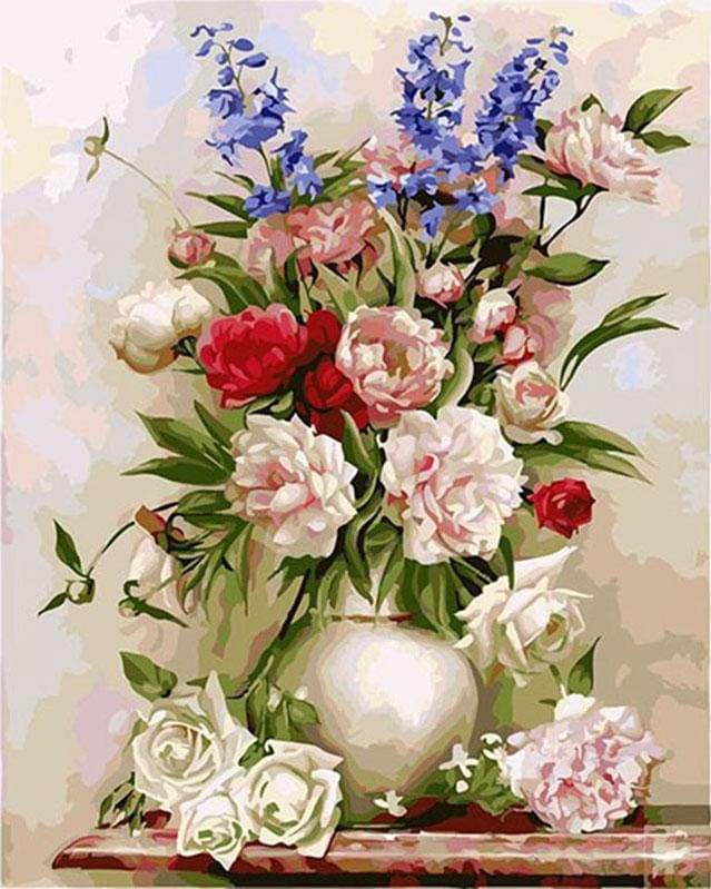 Colorful Flowers in White Vase Paint by Numbers