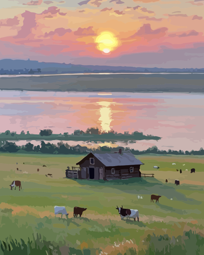 Countryside Cottage Sunset Paint by Numbers for Adults by Paintarthub