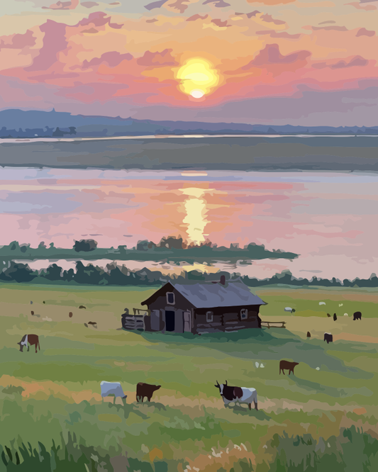 Countryside Cottage Sunset Paint by Numbers for Adults by Paintarthub