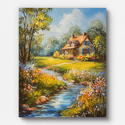 Countryside Cottage by the Creek Paint by Numbers for Adults by Paintarthub - Finished Wall Art