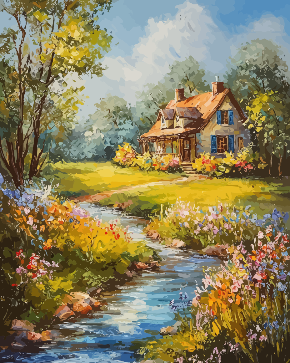 Countryside Cottage by the Creek Paint by Numbers for Adults by Paintarthub