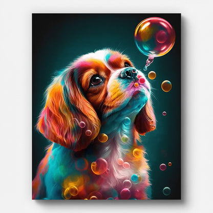 Dog Blowing A Big Bubble Paint by Numbers for Adults by Paintarthub - Finished Wall Art