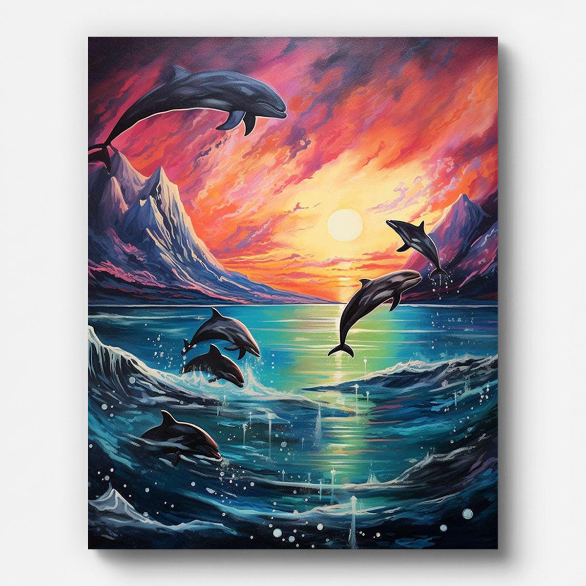Dolphins Leaping Water Paint by Numbers for Adults by Paintarthub - Finished Wall Art