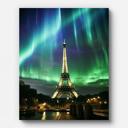 Eiffel Tower and Northern Lights Paint by Numbers for Adults by Paintarthub - Finished Wall Art