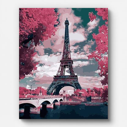 Eiffel Tower and Pink Cloud Paint by Numbers for Adults by Paintarthub - Finished Wall Art