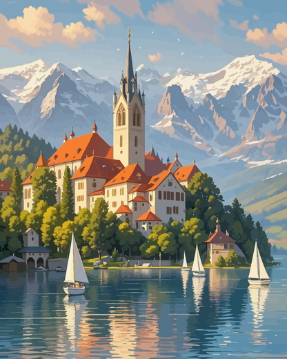 European Lake Town Paint by Numbers for Adults by Paintarthub
