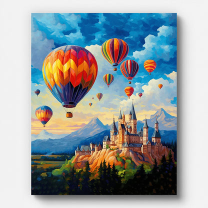 Fantasy Castle and Hot Air Balloons Paint by Numbers for Adults by Paintarthub - Finished Wall Art