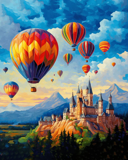 Fantasy Castle and Hot Air Balloons Paint by Numbers for Adults by Paintarthub