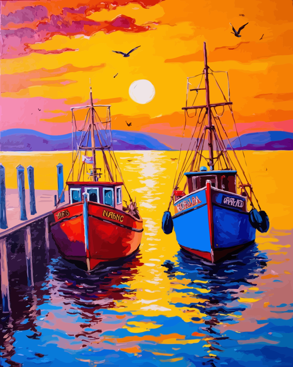 Fishing Boats at Sunset Harbor Paint by Numbers for Adults by Paintarthub