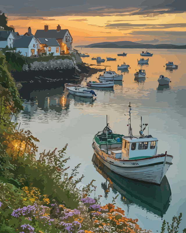 Fishing Harbor at Dusk Paint by Numbers for Adults by Paintarthub